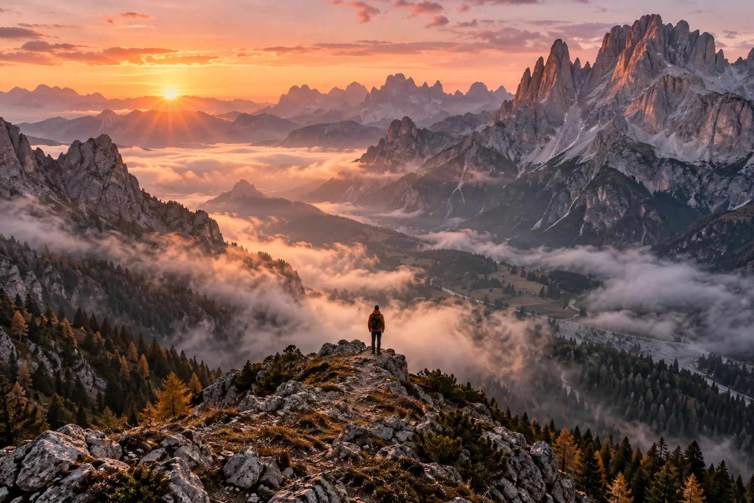 A traveler looking across misty alpine mountains at sunrise