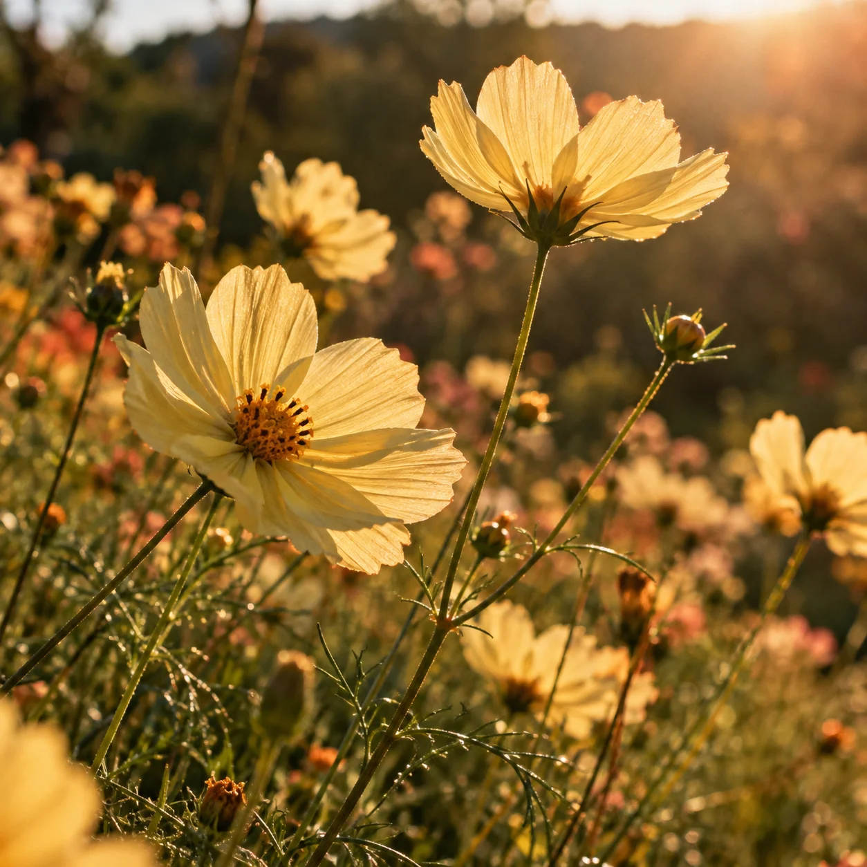 A close-up of wildflowers glowing in soft afternoon light
